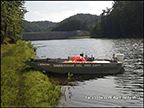 Harrisville VFD's boat on the shore of the North Bend State Park Lake.